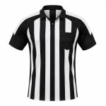 Custom American Football Referee Jersey in black and white stripes with collar, chest pocket and short sleeves