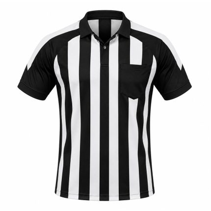 Custom American Football Referee Jersey in black and white stripes with collar, chest pocket and short sleeves
