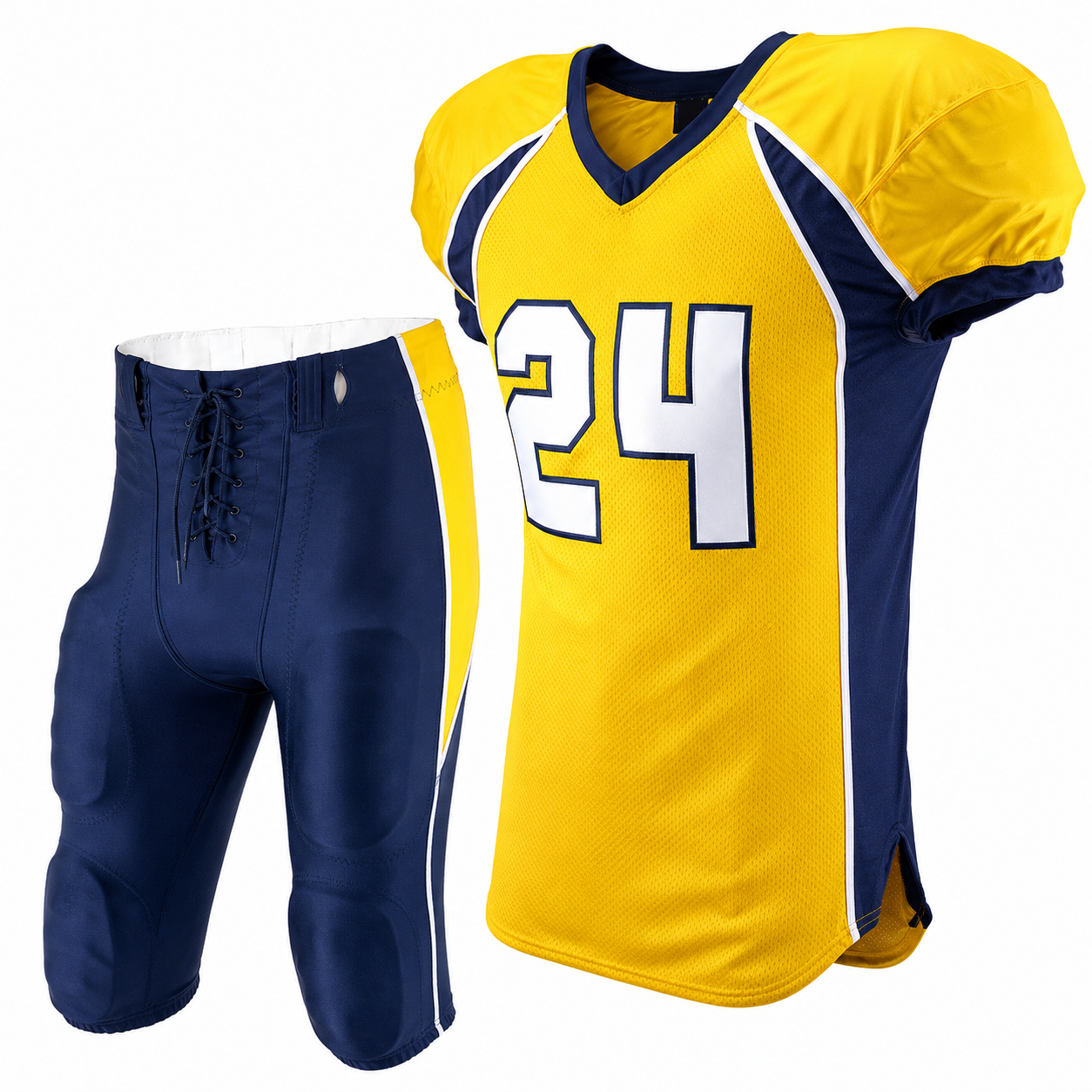 custom-american-football-uniform-set-yellow-navy Custom American Football Uniform Set in yellow and navy with padded pants and team jersey