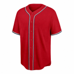 Custom Baseball Jersey in red with navy trim, button-down front, and player name on back