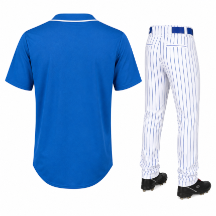 Custom baseball uniform set with royal blue button-down jersey and white pinstripe pants for wholesale team orders
