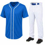 Custom baseball uniform set with royal blue button-down jersey and white pinstripe pants for wholesale team orders