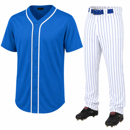 Custom baseball uniform set with royal blue button-down jersey and white pinstripe pants for wholesale team orders