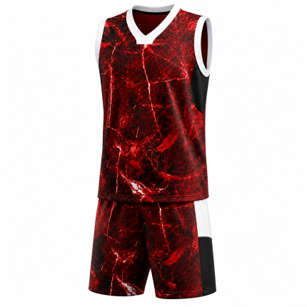 Custom basketball uniform in red and black lightning print with matching shorts