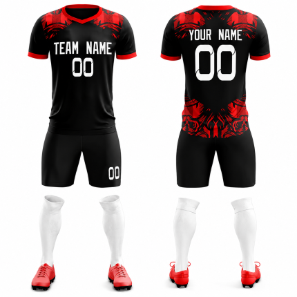 Black and red custom football kit for clubs with sublimated jersey, shorts, white socks, and personalized team name and number