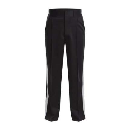 Custom Football Referee Pants in black with white side stripe, belt loops and straight-leg official fit