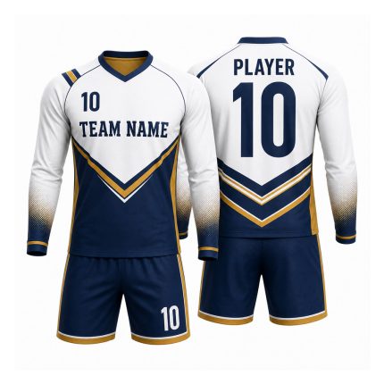 Custom goalkeeper long sleeve kit in white, navy blue and orange chevron design with team name and player number