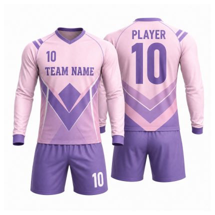 Custom goalkeeper long sleeve kit in white, navy blue and orange chevron design with team name and player number