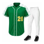 Custom Green Baseball Uniform with patterned sleeves and matching white pants for teams