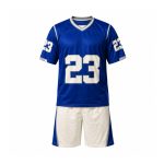 Custom lacrosse team set with pro V-neck game jersey, player number graphics and matching athletic shorts with contrast side panels