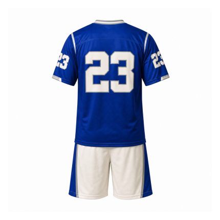 Custom lacrosse team set with pro V-neck game jersey, player number graphics and matching athletic shorts with contrast side panels