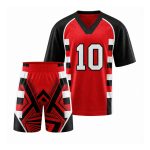 Custom lacrosse tournament outfit with V-neck mesh jersey, raglan sleeves, player number graphic and matching patterned athletic shorts