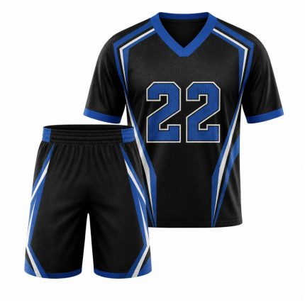 Custom lacrosse tournament outfit with V-neck mesh jersey, raglan sleeves, player number graphic and matching patterned athletic shorts