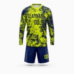 Custom long sleeve soccer jersey with personalized team name, number, sublimated design and matching shorts