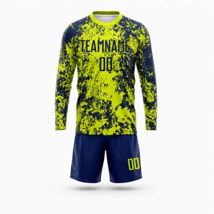 Custom long sleeve soccer jersey with personalized team name, number, sublimated design and matching shorts