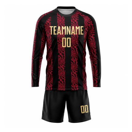 Custom long sleeve soccer jersey with personalized team name, number, sublimated design and matching shorts