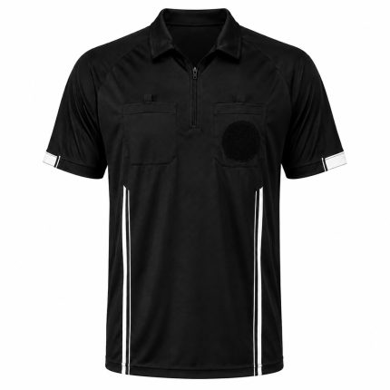 Custom Official Referee Jersey in black polyester with zip collar, chest pockets and ventilated side panels
