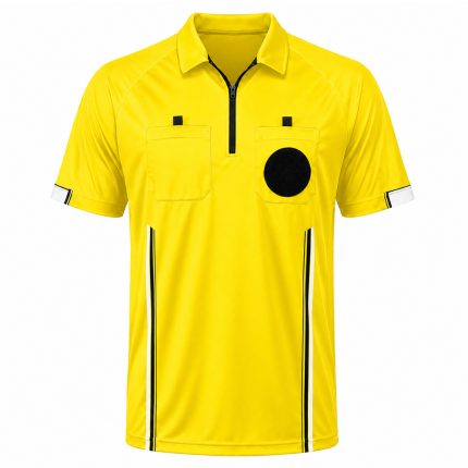 Custom Official Referee Jersey in yellow polyester with zip collar, chest pockets and ventilated side panels