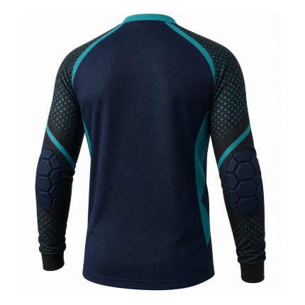 Custom padded long sleeve soccer shirt with hexagonal chest protection, sublimated sleeves, and crew neck collar