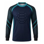 Custom padded long sleeve soccer shirt with hexagonal chest protection, sublimated sleeves, and crew neck collar