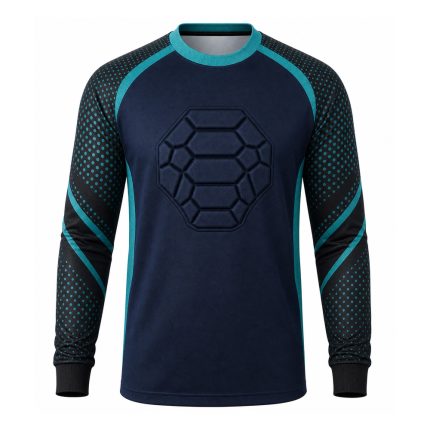 Custom padded long sleeve soccer shirt with hexagonal chest protection, sublimated sleeves, and crew neck collar