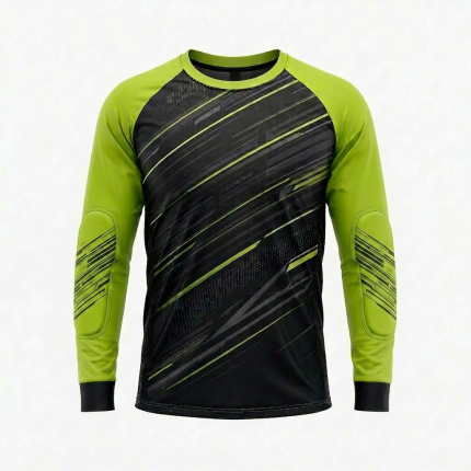 Custom padded soccer goalie shirt with long raglan sleeves, built-in elbow protection pads and sublimated diagonal stripe design