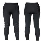 Custom padded soccer goalkeeper pants with hexagonal hip, knee, and shin compression padding for youth and adults