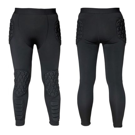 Custom padded soccer goalkeeper pants with hexagonal hip, knee, and shin compression padding for youth and adults