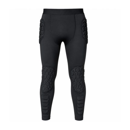 Custom padded soccer goalkeeper pants with hexagonal hip, knee, and shin compression padding for youth and adults