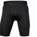 Custom padded soccer goalkeeper shorts with built-in hip protection pads and compression base layer fit in black