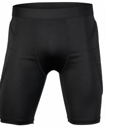 Custom padded soccer goalkeeper shorts with built-in hip protection pads and compression base layer fit in black