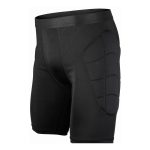 Custom padded soccer goalkeeper shorts with built-in hip protection pads and compression base layer fit in black