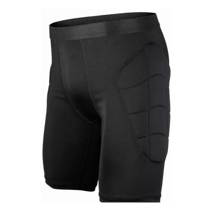 Custom padded soccer goalkeeper shorts with built-in hip protection pads and compression base layer fit in black