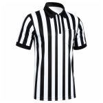 Custom referee stripe jersey with classic vertical stripes, quarter-zip polo collar, chest pocket and contrast cuff binding for multi-sport officials