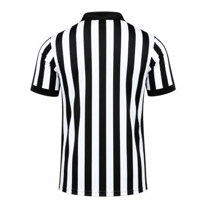 Custom referee stripe jersey with classic vertical stripes, quarter-zip polo collar, chest pocket and contrast cuff binding for multi-sport officials