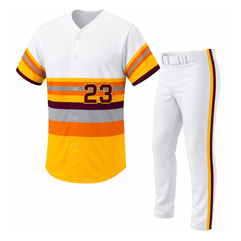 custom-retro-stripe-baseball-uniform-white-yellow Custom Retro Stripe Baseball Uniform with white button-down jersey and matching team pants