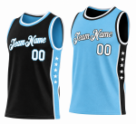 Reversible basketball uniform set in sky blue and black with star side panels and matching shorts