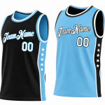 Reversible basketball uniform set in sky blue and black with star side panels and matching shorts