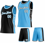 Reversible basketball uniform set in sky blue and black with star side panels and matching shorts