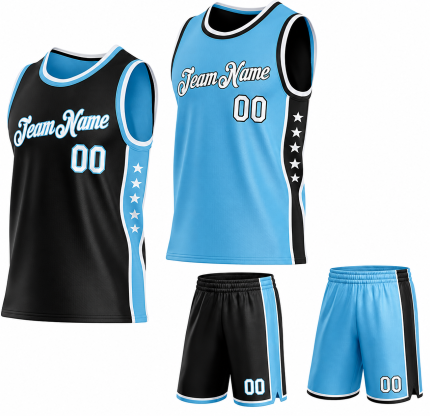 Reversible basketball uniform set in sky blue and black with star side panels and matching shorts