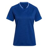 Custom rugby jersey for women in royal blue with white V-neck trim, sublimated teamwear for UK and Australia clubs