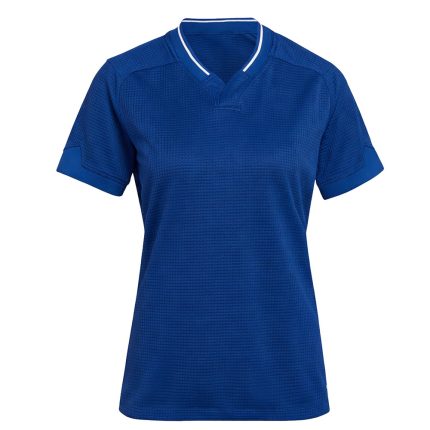 Custom rugby jersey for women in royal blue with white V-neck trim, sublimated teamwear for UK and Australia clubs