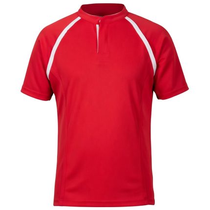 Custom rugby shirt for men in red and white with mandarin collar, sublimated match jersey for UK and France clubs