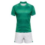 Custom rugby uniform set for men in green and white with matching jersey and shorts, sublimated teamwear for Ireland and USA clubs