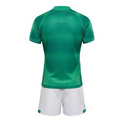 Custom rugby uniform set for men in green and white with matching jersey and shorts, sublimated teamwear for Ireland and USA clubs