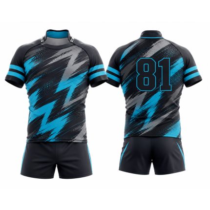 Custom Rugby Uniform in black and blue sublimated rugby jersey and shorts with player number and team graphics
