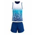 Custom running wear set for men in blue gradient with matching vest and shorts, sublimated marathon kit for USA and UK running clubs