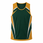 Custom sleeveless lacrosse jersey in forest green, gold and white with mesh tricot fabric and contrast side panels