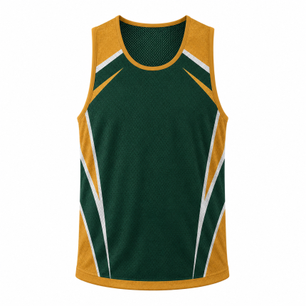 Custom sleeveless lacrosse jersey in forest green, gold and white with mesh tricot fabric and contrast side panels