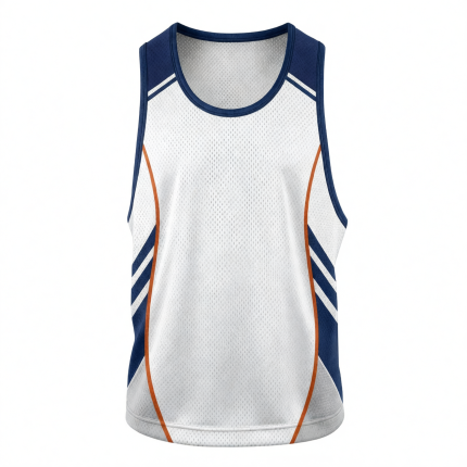 Custom sleeveless lacrosse jersey in forest green, gold and white with mesh tricot fabric and contrast side panels